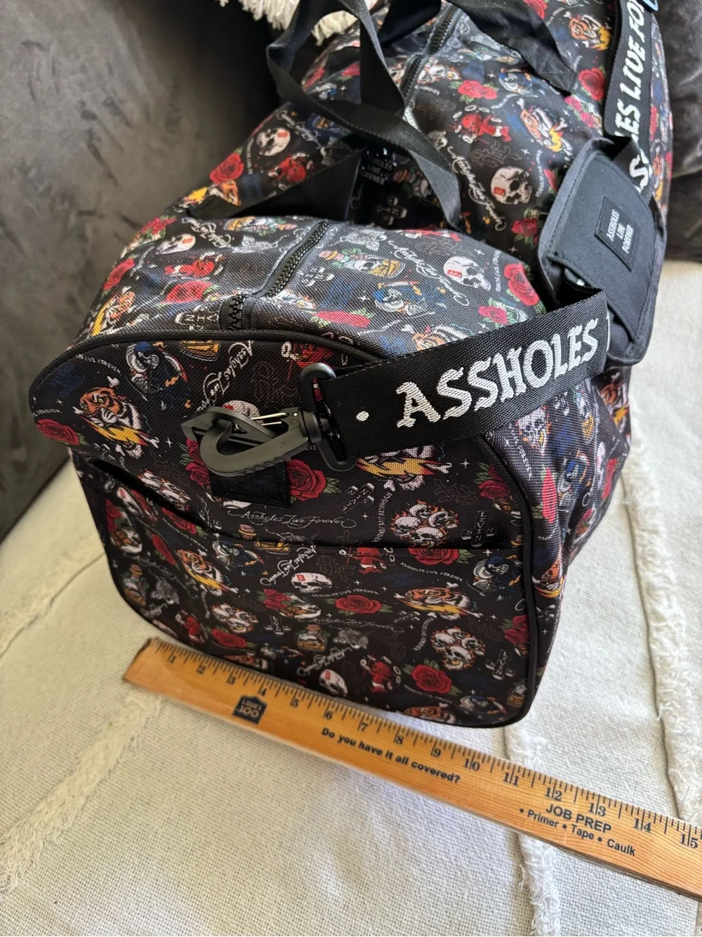 ALF ******** Live Forever Emotional Baggage Skull Bottle Strap Duffle Bag Roses